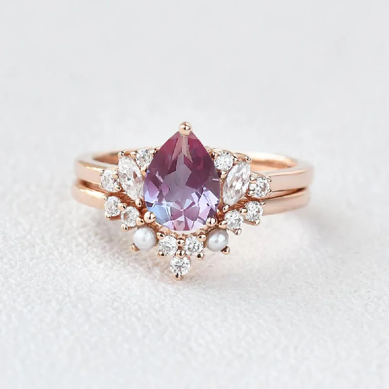 Women’s radiant cut rings-1.5ct Lab Alexandrite Pearl-fect Vintage Cluster Ring Set 2pcs - Zhuri