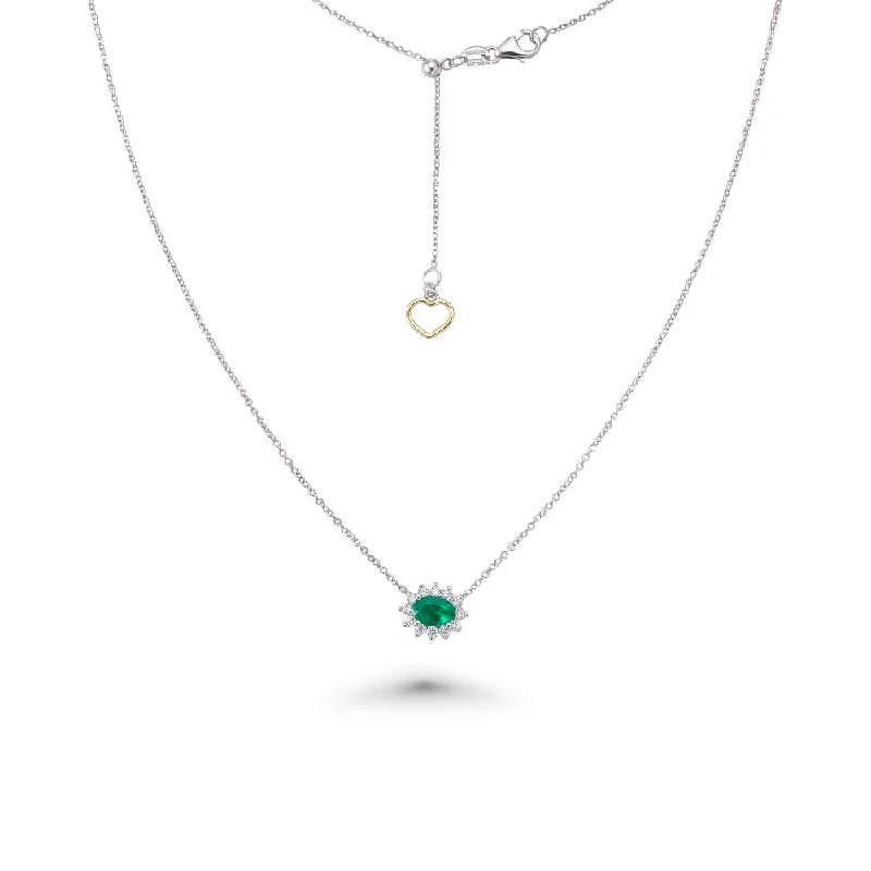 Women’s silver necklaces-Oval Shape Emerald & Diamond Necklace (0.60 ct.) in 18K Gold