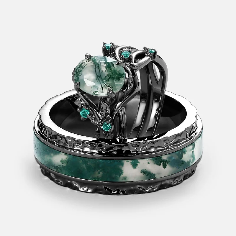 Women’s luxurious diamond rings-Nature Inspired - Black Gold Oval Moss Agate Leafy Couple Ring Set 3pcs - Mossy