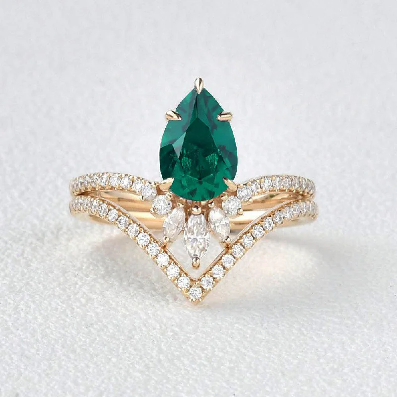 Women’s twist band rings-1.7ct Pear Emerald Classic Vintage Ring Set 2pcs - Mila