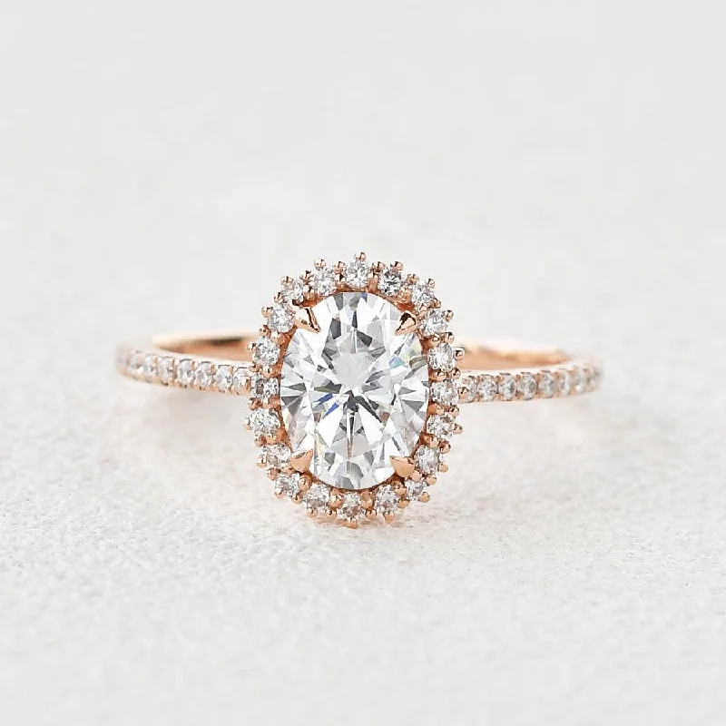 Women’s unique wedding rings-Oval Cut Moissanite Halo Stacking Rose Gold Ring