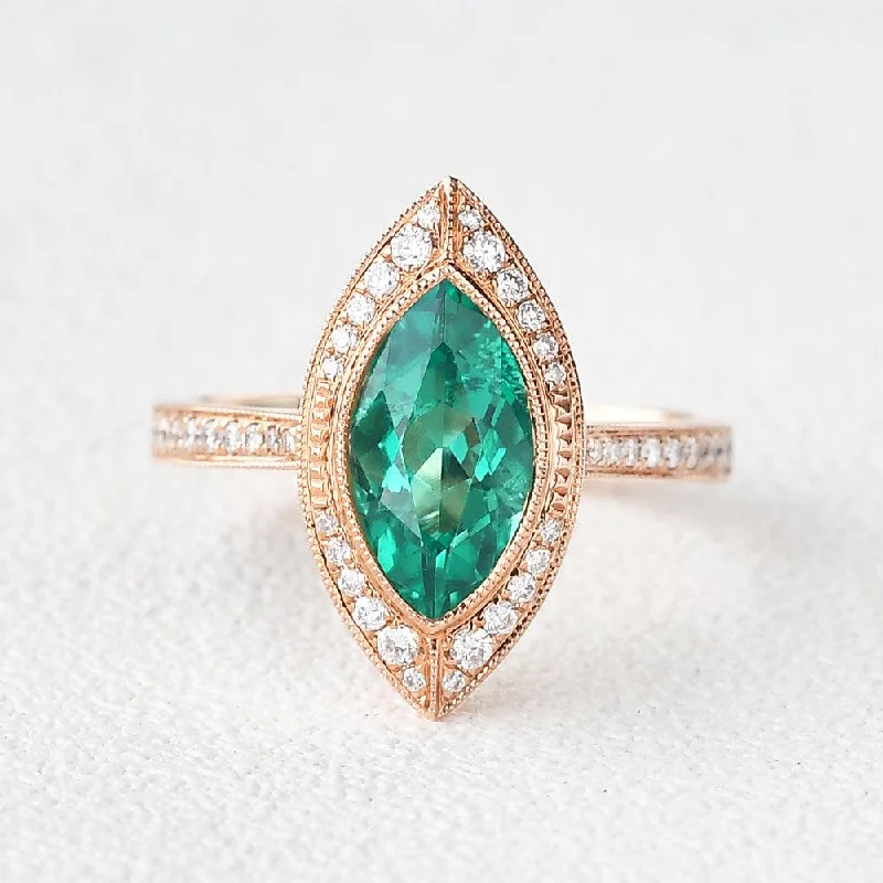 Women’s oval cut rings-1.5ct Lab Emerald & Moissanite Art Deco Ring