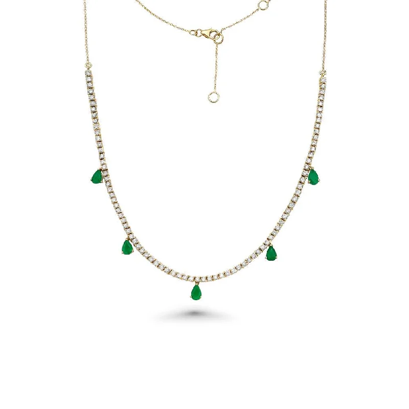 Women’s fashion necklaces-HalfWay Diamond Tennis Necklace With Emerald Pear Shape Drops (4.75 ct.) in 14K Gold