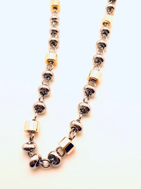 Women’s layered pendant necklaces-Mixed Gold and Silver Stainless Steel Bead Necklace