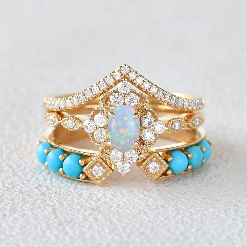 Women’s bold rings-Oval Opal & Turquoise Vintage Gold Ring Set 3pcs