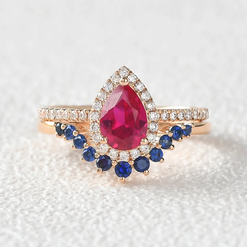 Women’s cocktail rings-Art-Deco Pear Shaped Ruby Halo Ring Set 2pcs