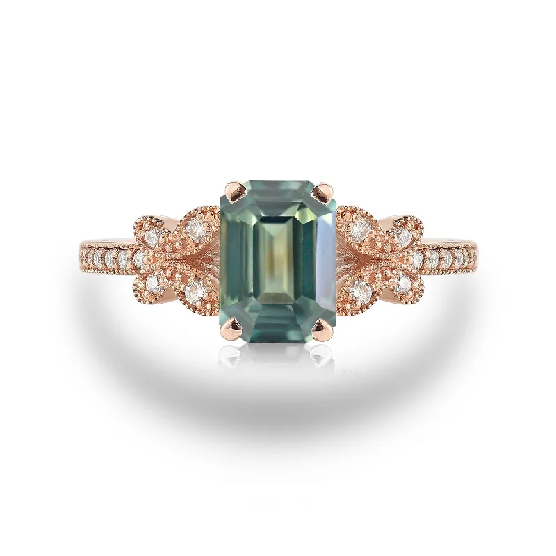 Women’s matching rings sets-Emerald Cut Green Sapphire Rose Gold Ring