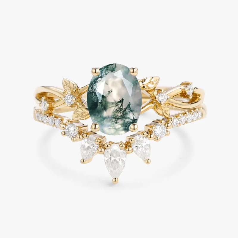 Women’s colorful gemstone rings-1.5ct Oval Cut Moss Agate Leafy White Gold Ring Set 2pcs - Wrenley