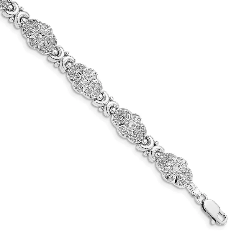 Women’s bangles-14K White Gold  Flower w/Scalloped Edge Link Bracelet-WBC-FB1449W-7.5