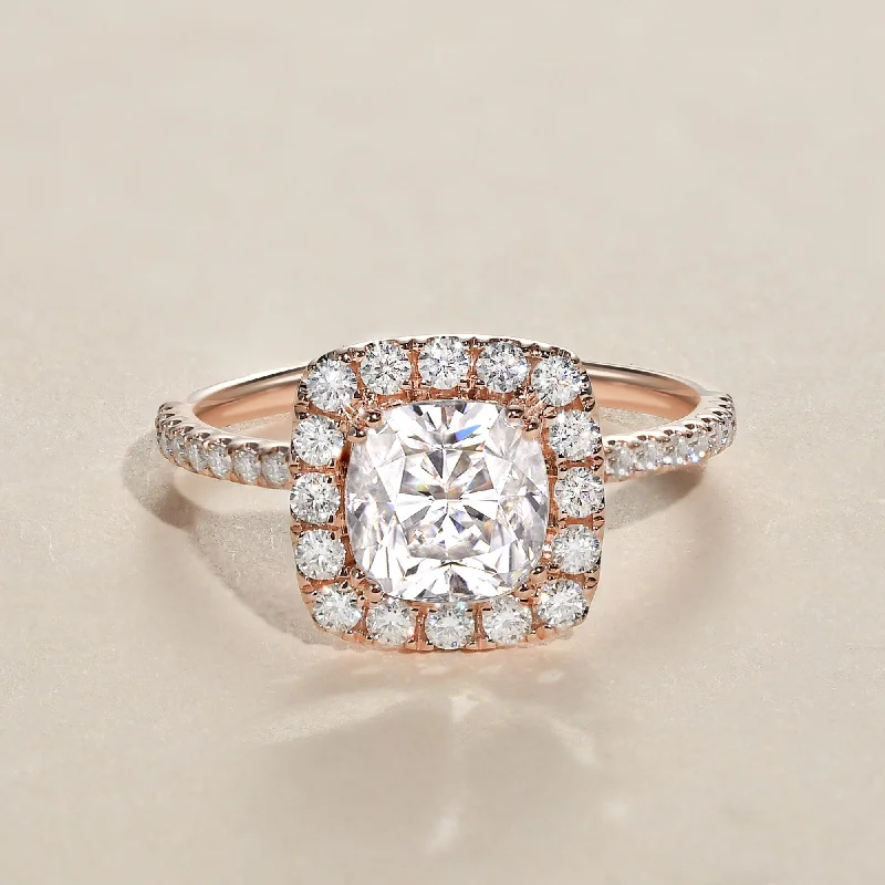 Women’s romantic promise rings-1.0ct Cushion Cut Moissanite Pave Halo Gold Ring