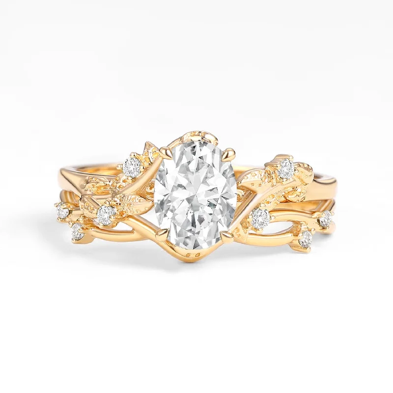 Women’s custom rings-Nature Inspired - Oval Cut Moissanite Leafy Gold Ring Set 2pcs - Mossy