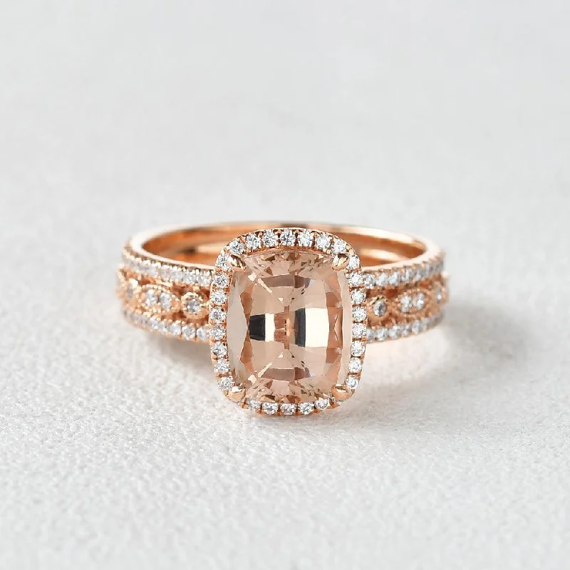 Women’s adjustable gemstone rings-4.0ct Cushion Cut Morganite Vintage Inspired Rose Gold Ring