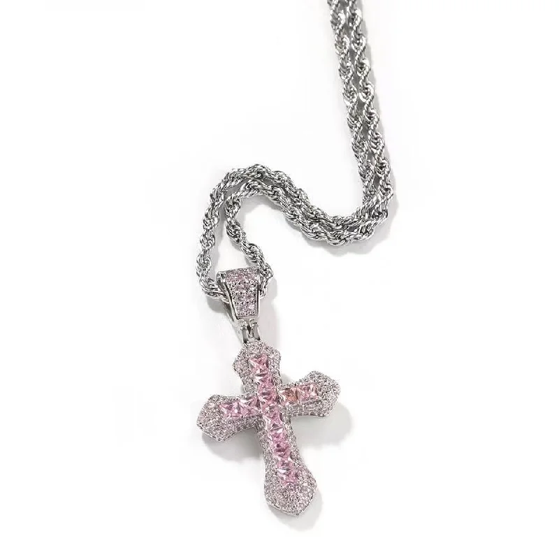 Pink Zircon Cross 70cm Hemp Flowers Chain