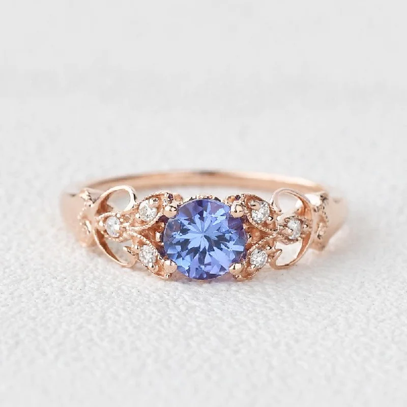 Women’s diamond rings-Tanzanite & Moissanite Inspired Rose Gold Ring