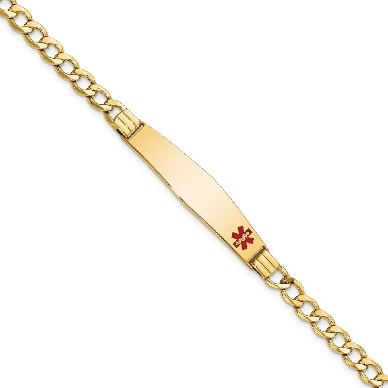 Women’s statement bracelets-14k Yellow Gold 9mm Semi-Solid Medical Soft Diamond Shape Red Enamel Cuban ID Bracelet, 7"