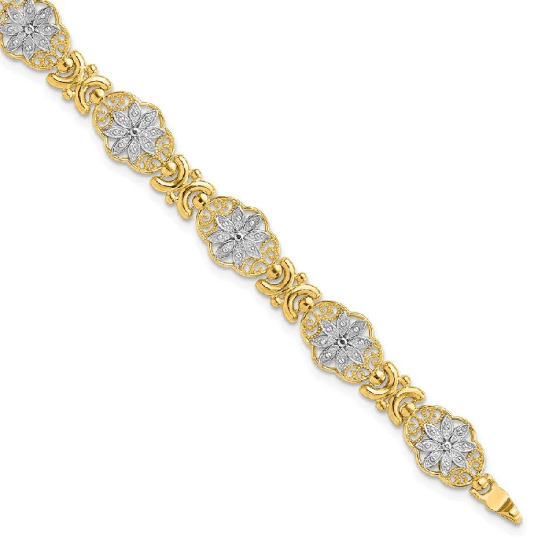 Women’s contemporary bracelets-14k Textured w/Rhodium Flower 7.5in Bracelet-WBC-FB1858-7.5