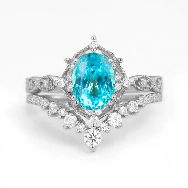 Women’s heart rings-Oval Cut Lab Paraiba Signature Vintage Ring Set 2pcs - Charlotte