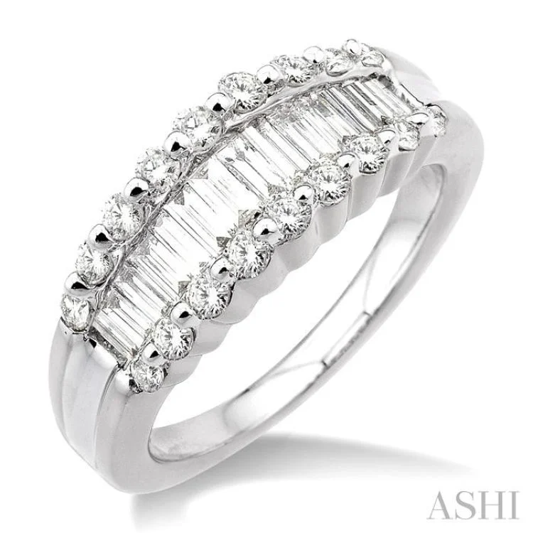 Women’s two-tone engagement rings-1 Ctw Baguette and Round Cut Diamond Band in 14K White Gold