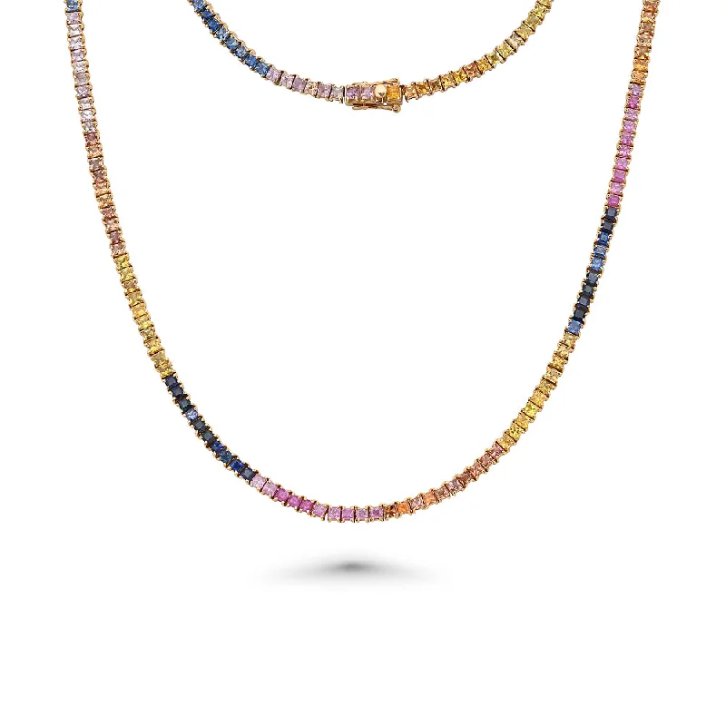 Women’s antique necklaces-Rainbow Multi Color Square Shape Sapphire Tennis Necklace ( 14.50 ct.) 4-Prongs Setting in 14K Gold