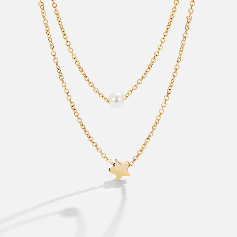 Women’s rose gold chain necklaces-Layered Gold Star & Pearl Necklace