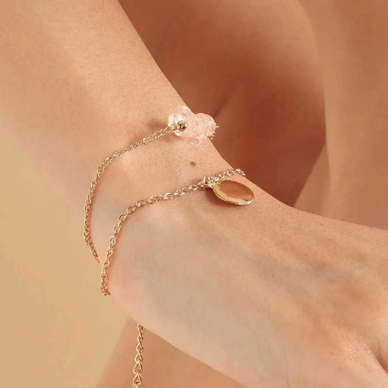 Women’s silver bangles-TFC Rose Quartz Stone Gold Plated Stacked Bracelet