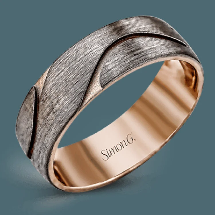 Women’s gold engagement rings with diamonds-With a brushed white gold design, this contemporary men's wedding band is accented with winding, dramatic rose gold carved inserts.