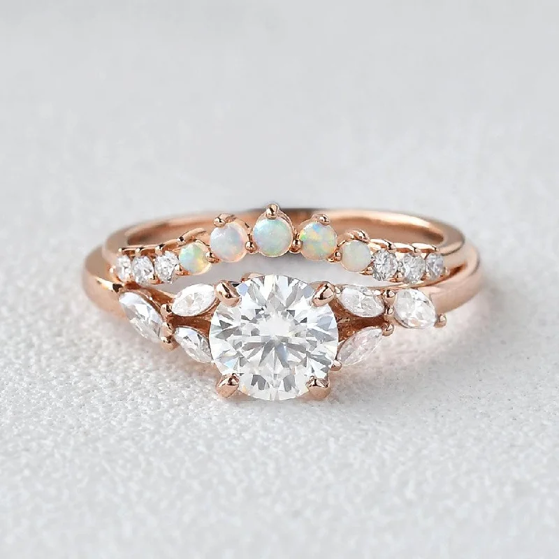 Women’s wedding set rings-Moissanite & Opal Rose Gold Ring Set 2pcs