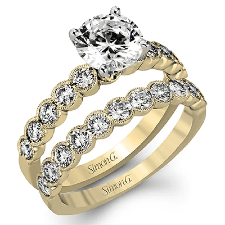 Women’s moissanite engagement rings-This engagement and wedding band set combines old and new with 1.09 ctw of round brilliant diamonds bezel set into 18k white gold, accented with vintage-inspired milgrain.