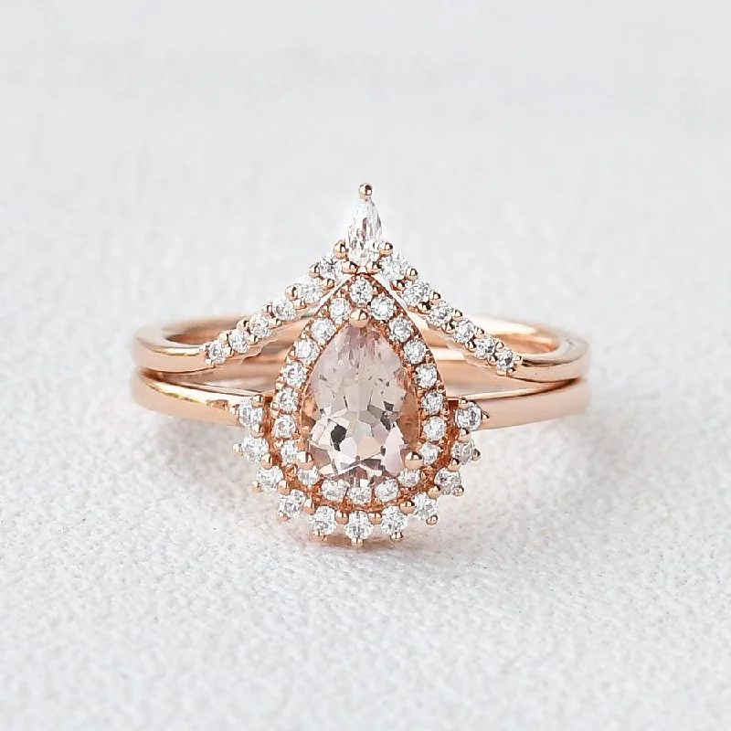 Women’s engagement ring sets-1.5ct Peachy Morganite Vintage Halo Ring Set 2pcs