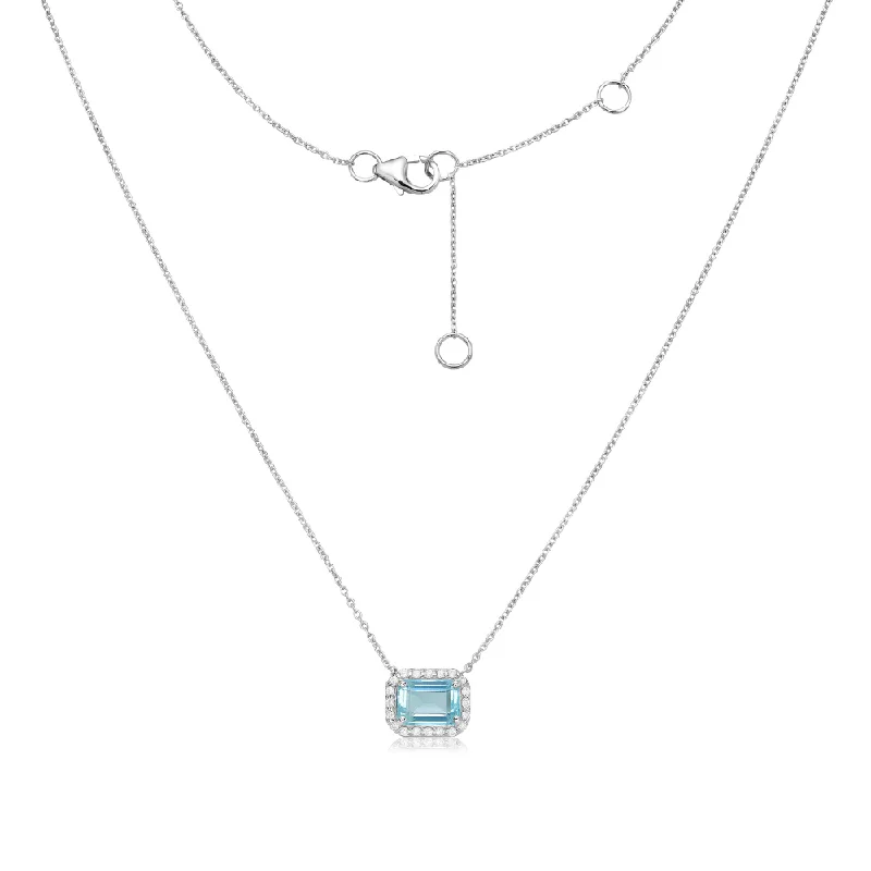 Women’s custom-designed necklaces-Emerald Cut Aquamarine & Diamond Halo Necklace (1.13 ct.) in 14K Gold