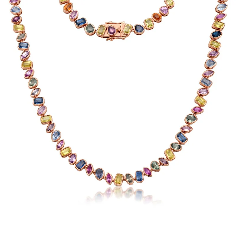 Women’s vintage gold necklaces-Fancy Multi Shape Sapphire Necklace (23.10 ct.) Bezel Set in 14K Gold