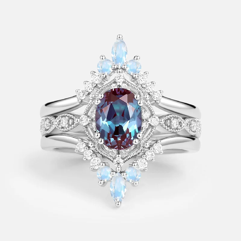 Women’s custom-designed rings-1.5ct Alexandrite Signature Vintage Luna Ring Set 3pcs