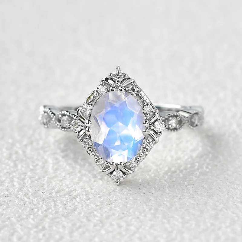 Women’s birthstone diamond rings-Oval Moonstone & Moissanite Art Deco Ring