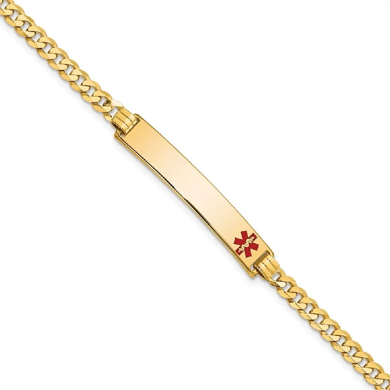 Women’s luxury bracelets-14k Yellow Gold 6.5mm Medical Red Enamel Flat Curb Link ID Bracelet, 7"