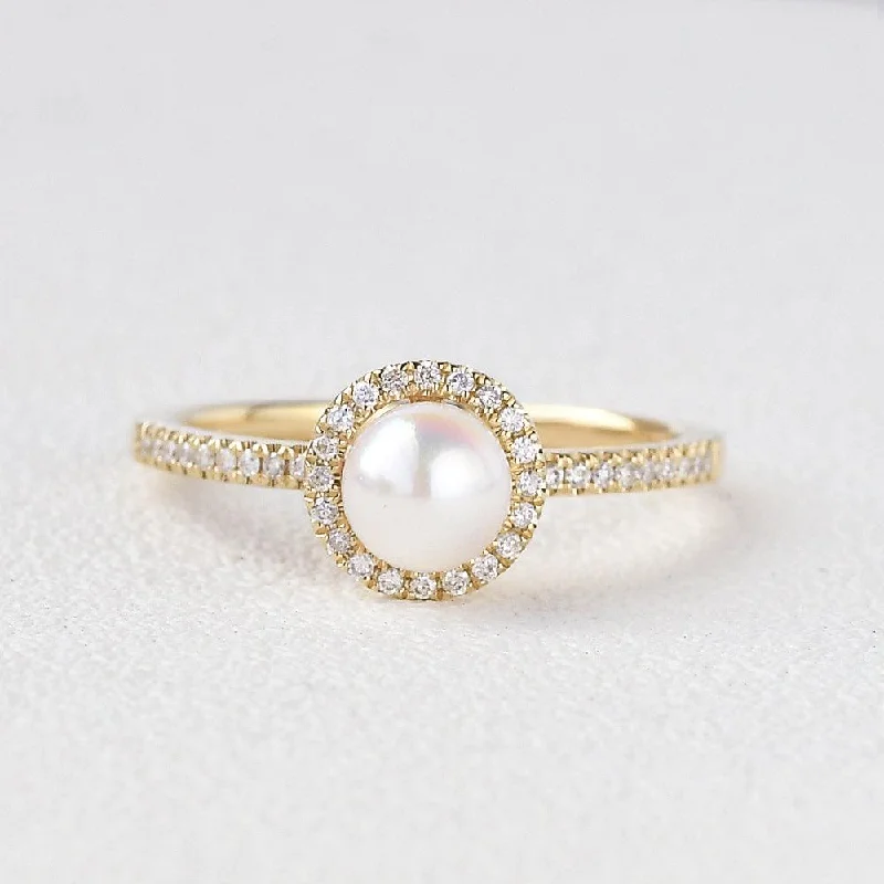 Women’s diamond cluster rings-Pearl & Moissanite Yellow Gold Ring