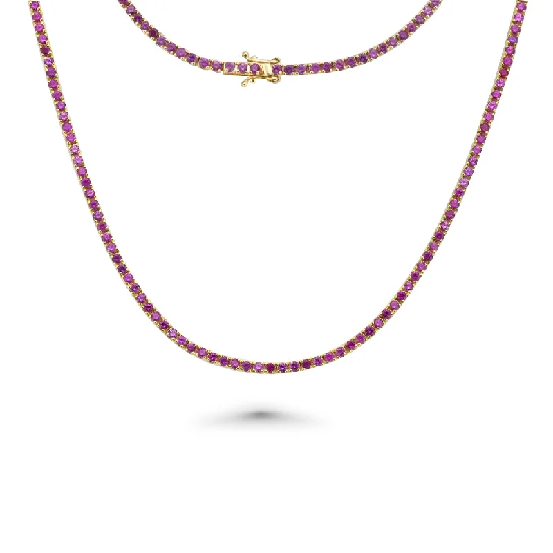 Women’s heart necklaces-Pink Sapphire Tennis Necklace (5.50 ct.) 4-Prongs Setting in 14K Gold