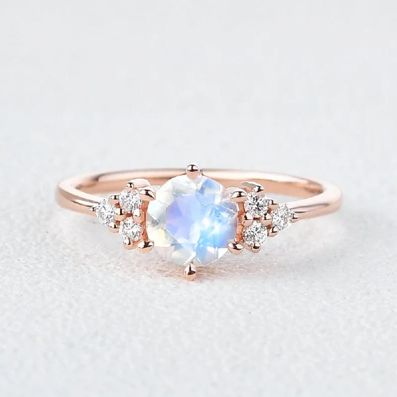 Women’s antique rings-Round Blue Moonstone & Moissanite Rose Gold Ring