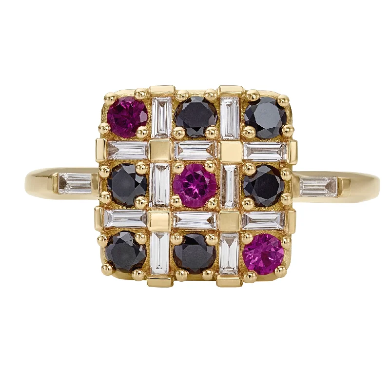 Women’s anniversary rings-XO Black Diamond and Pinkish Ruby Ring