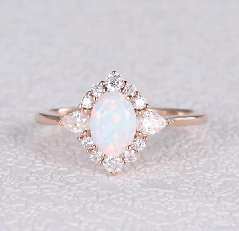 Women’s luxurious diamond rings-Lab Opal & Moissanite 14K Gold Ring