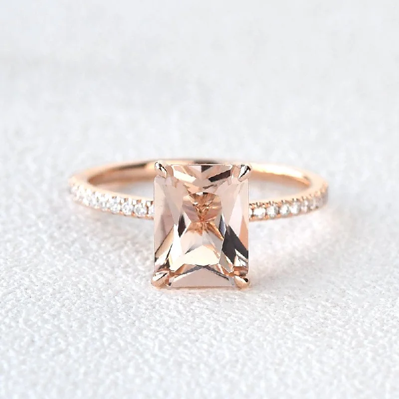 Women’s rose gold rings-Peachy Morganite Radiant Cut Hidden Halo Ring