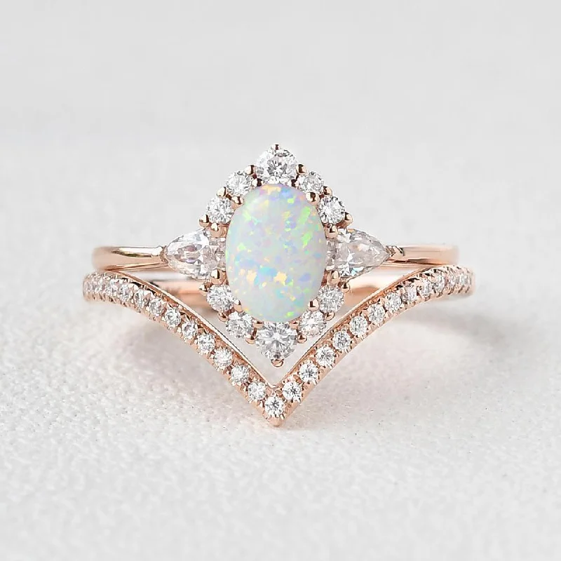 Women’s square rings-1.5ct Oval Opal Halo Ring Set 2pcs