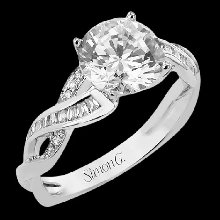 Women’s eternity band engagement rings-This infinity twist engagement ring in 18 kt white gold takes a 2 ctw center, and has a line of baguettes .25 ctw accented with .05 ctw RD diamonds