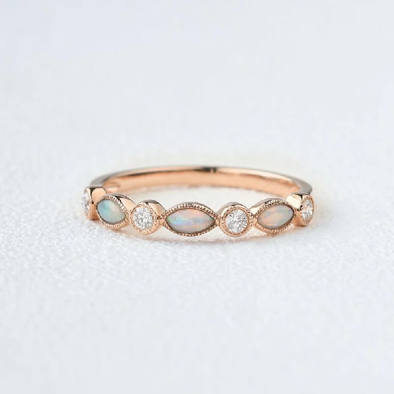 Women’s vintage diamond rings-Marquise Natural Opal Pave Stacking Ring