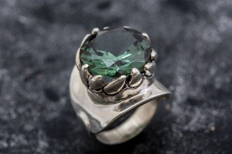 Women’s vintage-inspired engagement rings-Green Diamond Ring - Round Statement Ring - Green Solitaire Ring