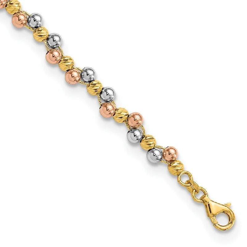 Women’s heart-shaped bracelets-14k Tri color Diamond-Cut Beaded Bracelet, 7.5" (W-6.3mm)