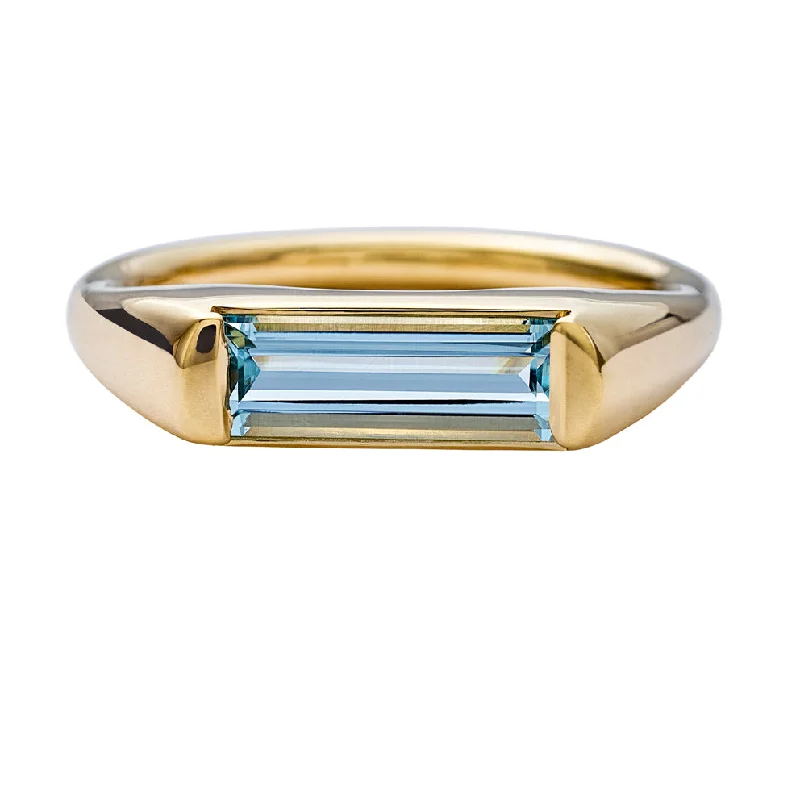 Women’s halo rings-Modern Solitaire Ring with a Baguette Cut Aquamarine