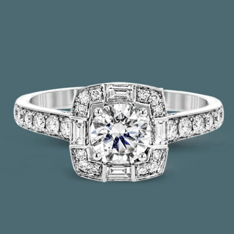 Women’s unique moissanite engagement rings-This sleek, contemporary white gold engagement ring contains .35 ctw of round white diamonds and .19 ctw of baguette shaped diamonds on its shank and unique, geometric halo