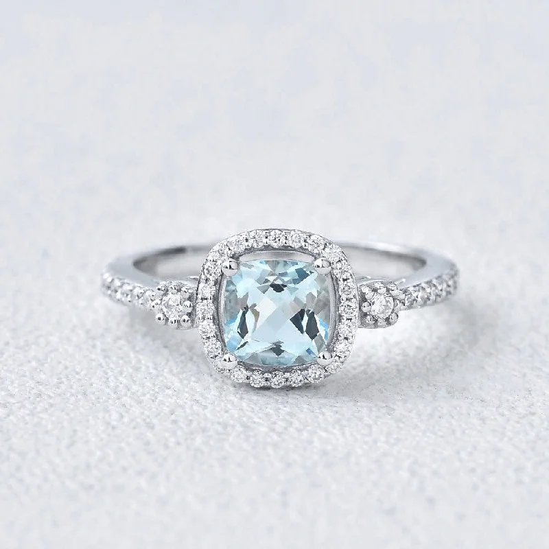 Women’s designer rings-Cushion Cut Aquamarine White Gold Ring