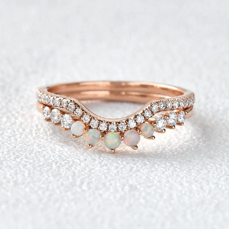 Women’s romantic diamond rings-Natural Opal Cluster Chevron Ring Set 2pcs