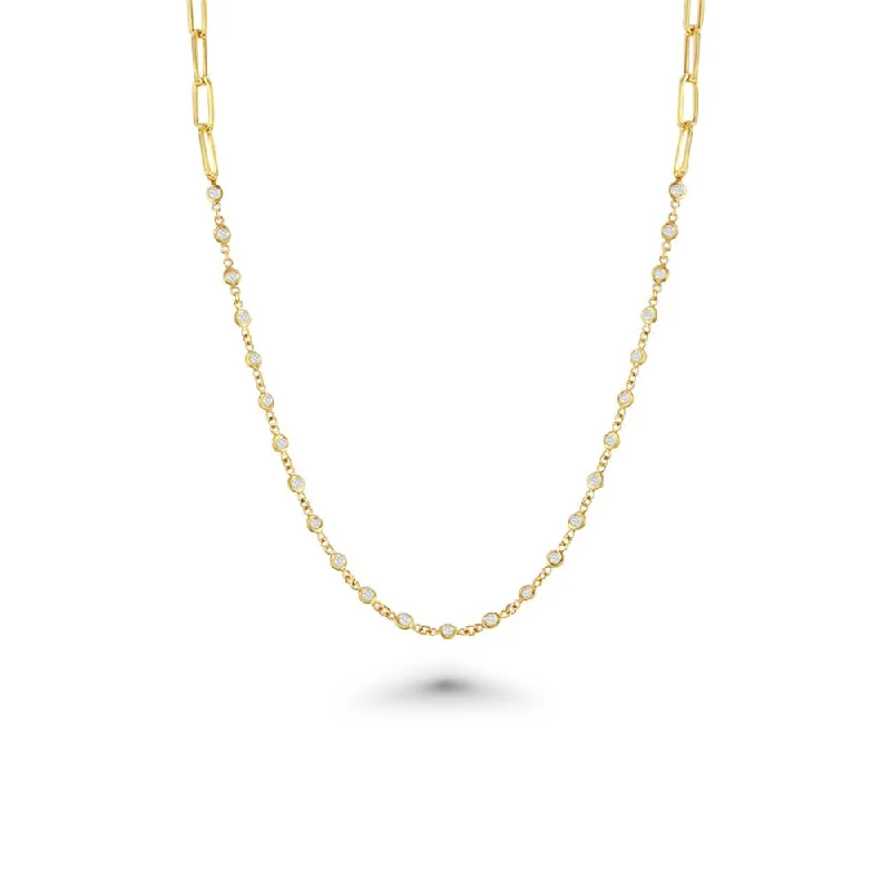 Women’s statement necklaces-25 Stone Diamonds By The Yard Station Necklace & Half Paper Clip Chain (1.00 ct.) Bezel Set in 14K Gold